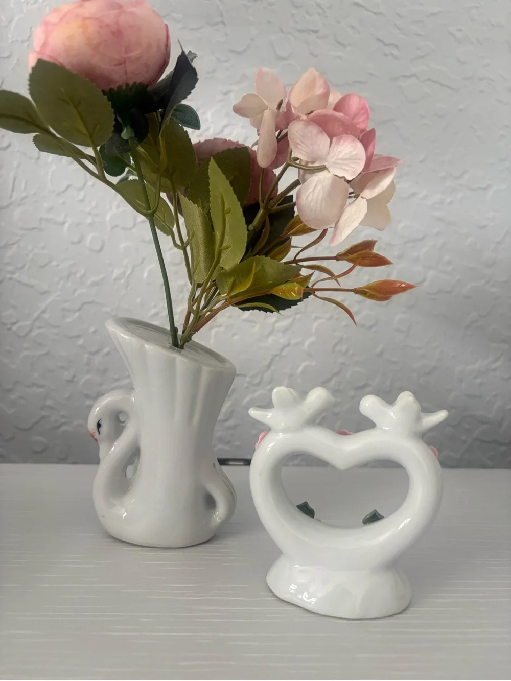 Set of 2 White Porcelain Swan Vase with Pink Floral Accent and 2 Doves in a hear